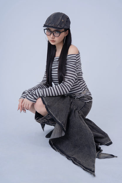 Grey Striped Off Shoulder Long Sleeve Top .