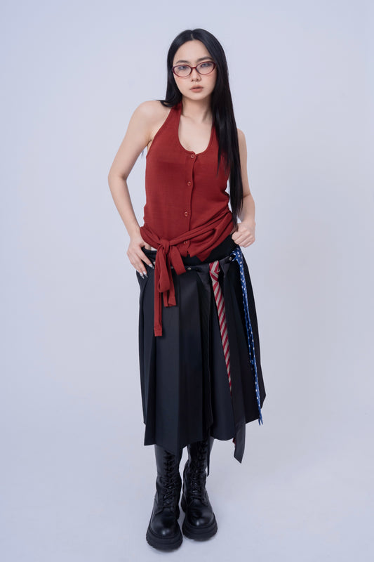 Dark Grey Pleated Skirt with Ties Belt .