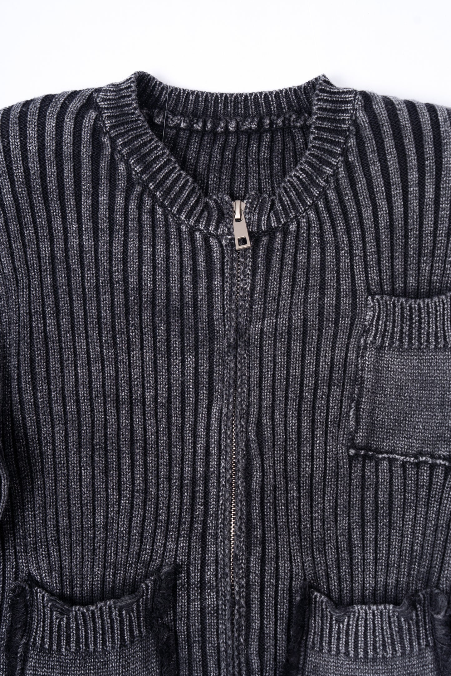 Distressed Zip Up Knit Cardigan .