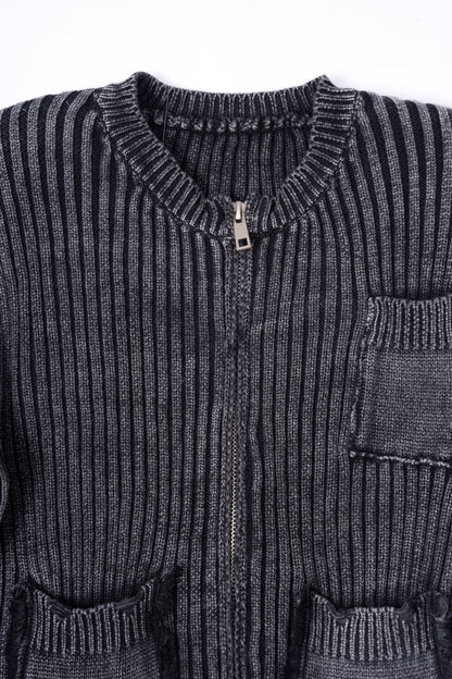 Distressed Zip Up Knit Cardigan .
