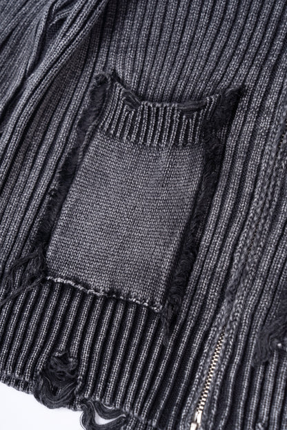Distressed Zip Up Knit Cardigan .