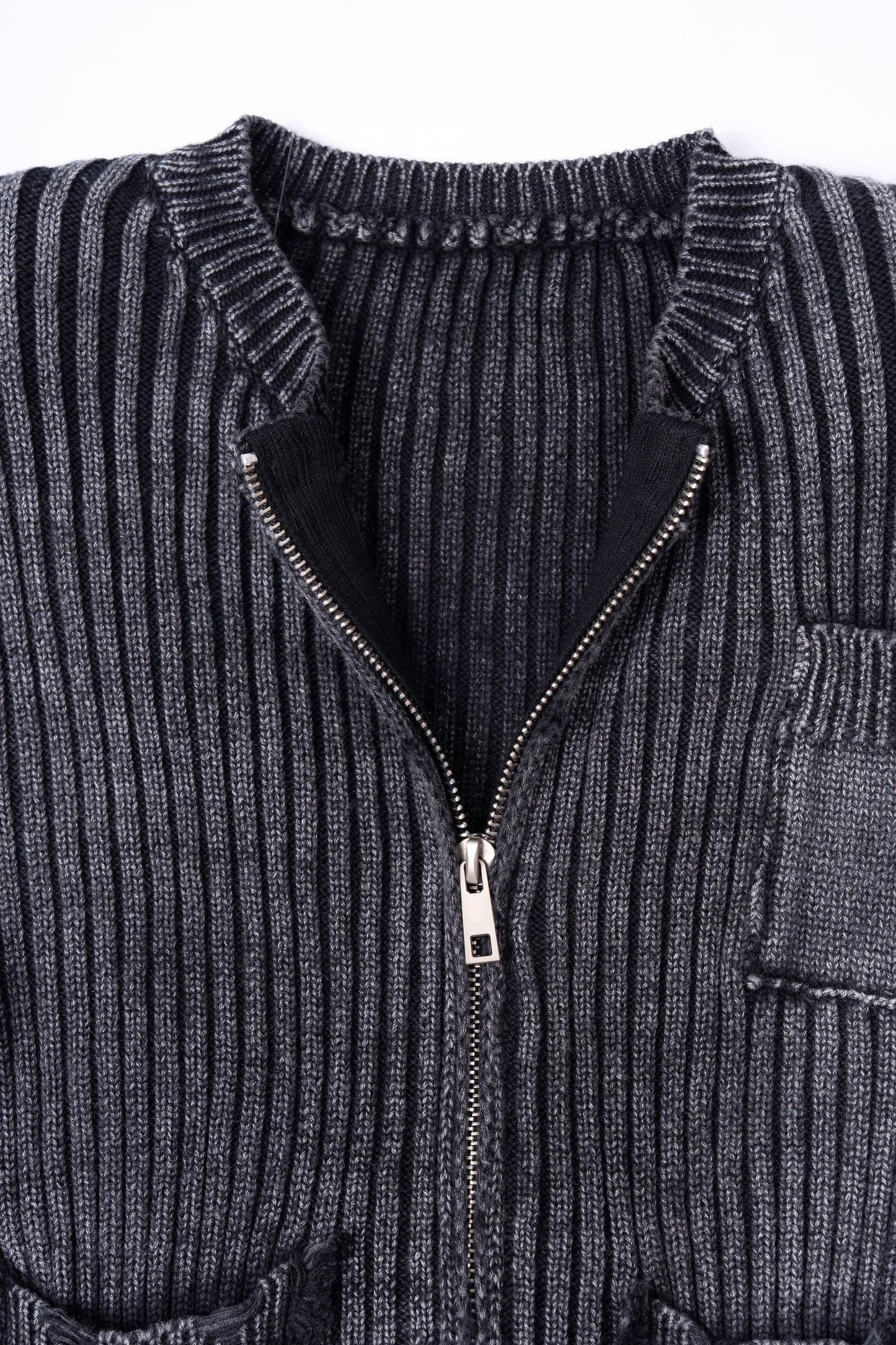 Distressed Zip Up Knit Cardigan .