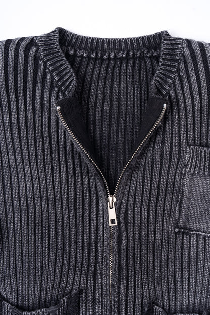 Distressed Zip Up Knit Cardigan .