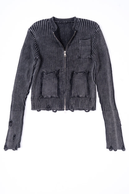 Distressed Zip Up Knit Cardigan .