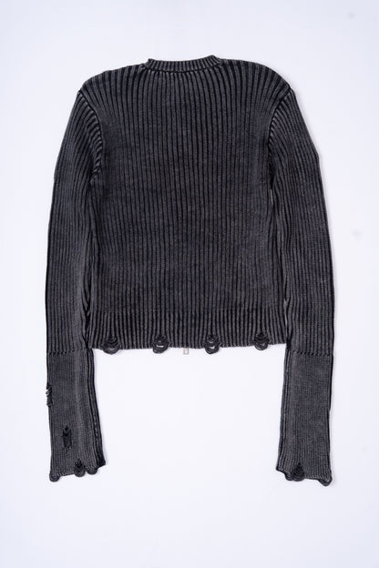 Distressed Zip Up Knit Cardigan .