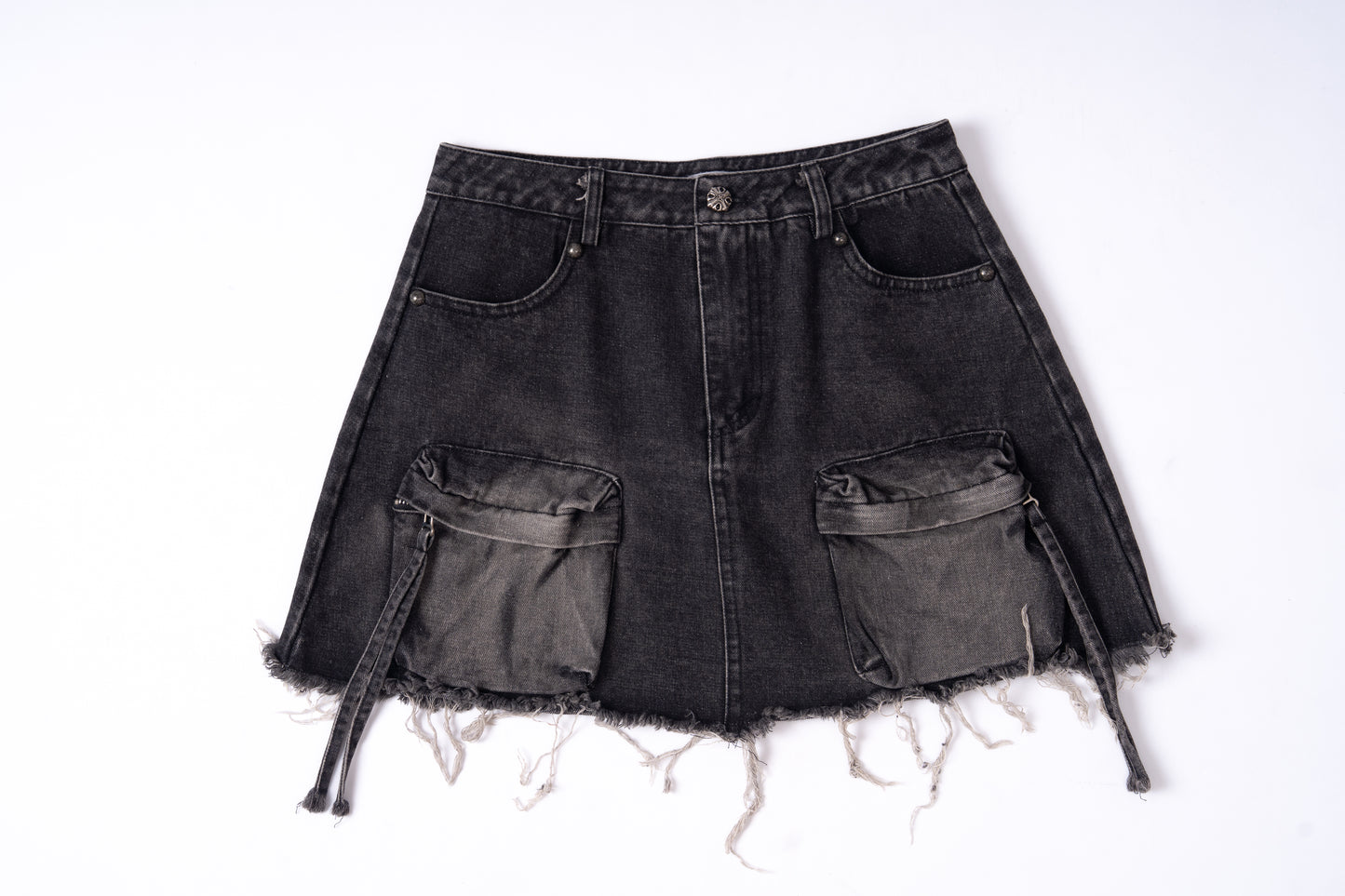 Washed Denim Skirt with Multi Pockets .