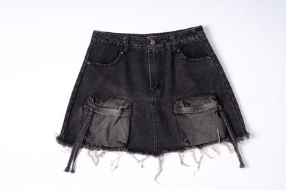 Washed Denim Skirt with Multi Pockets .