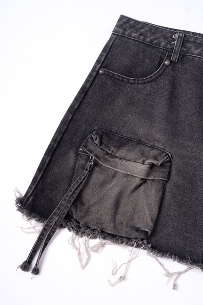 Washed Denim Skirt with Multi Pockets .