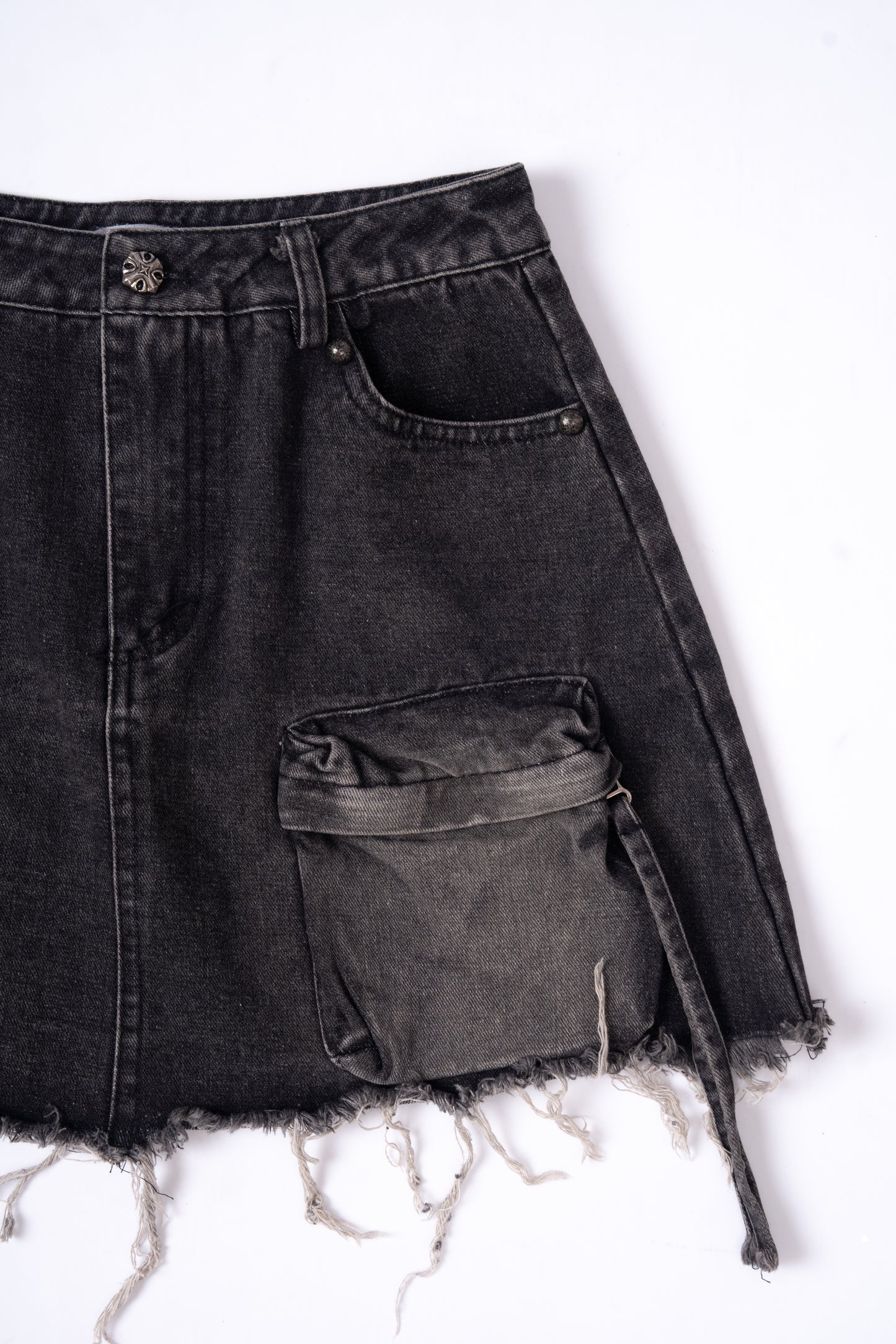 Washed Denim Skirt with Multi Pockets .