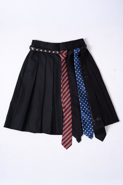 Dark Grey Pleated Skirt with Ties Belt .
