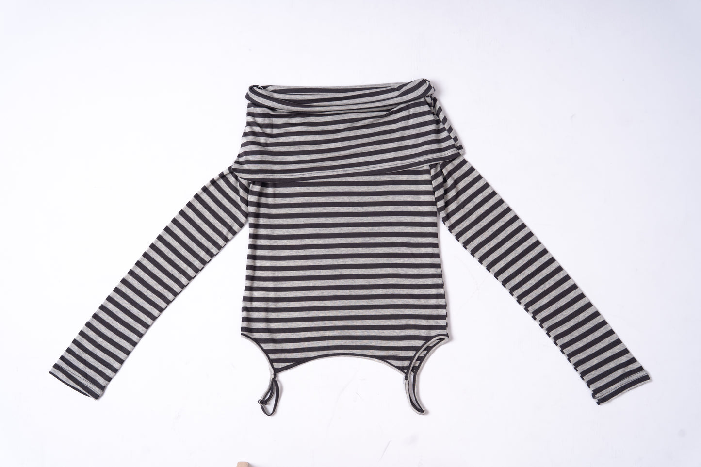 Grey Striped Off Shoulder Long Sleeve Top .