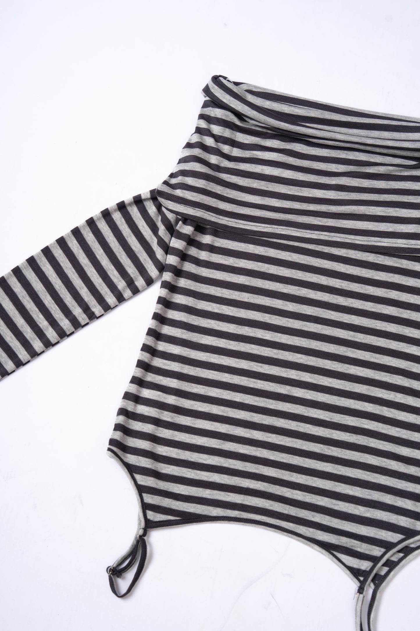 Grey Striped Off Shoulder Long Sleeve Top .