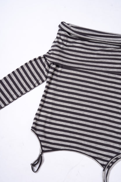 Grey Striped Off Shoulder Long Sleeve Top .