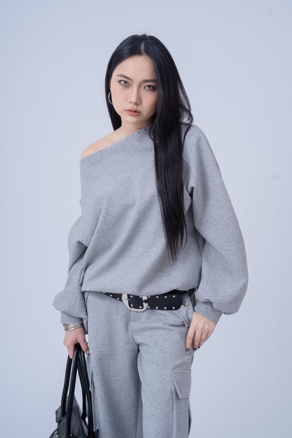 Shoulder Riveted Oversized Long Sleeve Sweater .