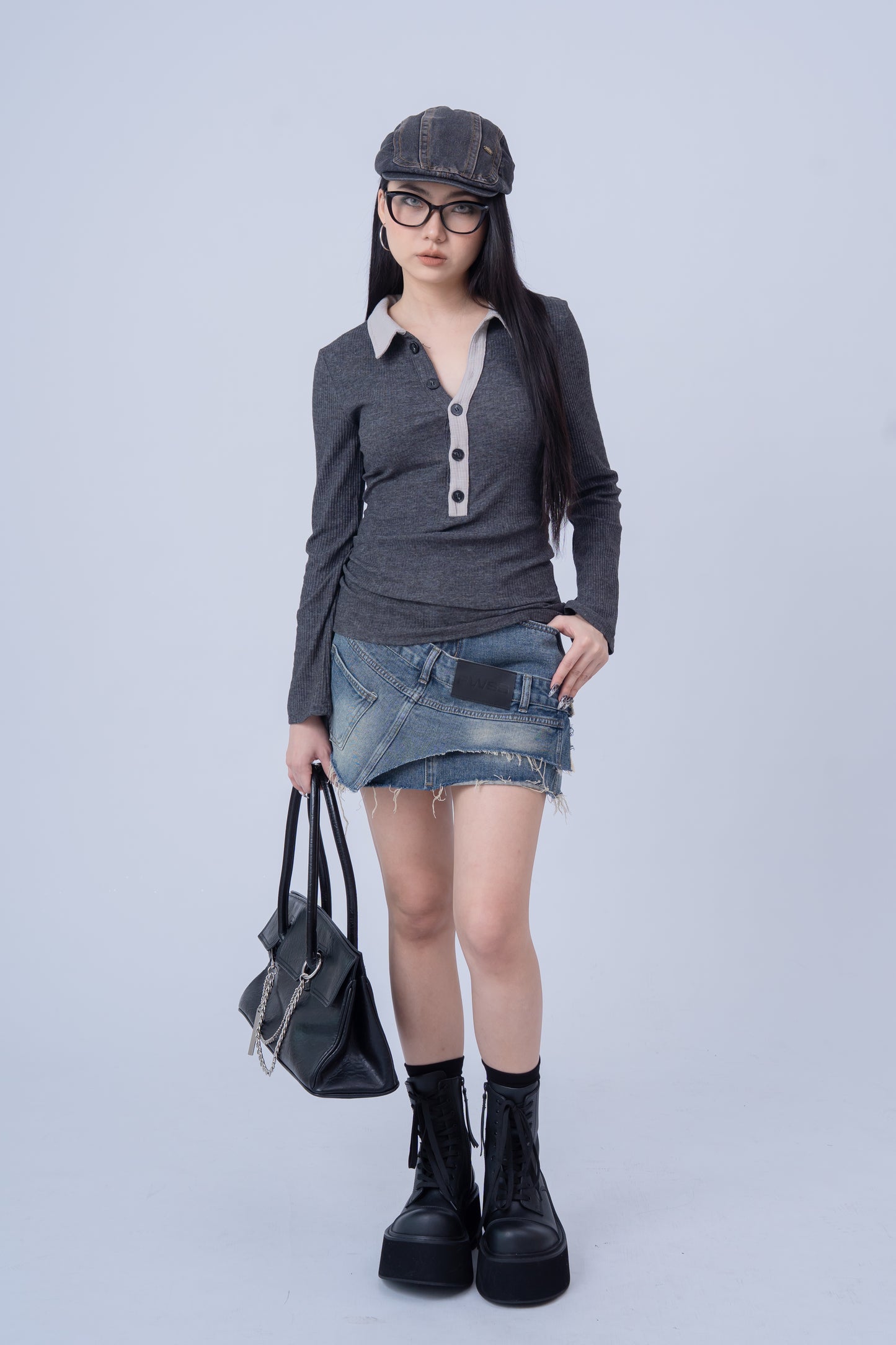 Asymmetrical Offset Seam Mini Skirt .