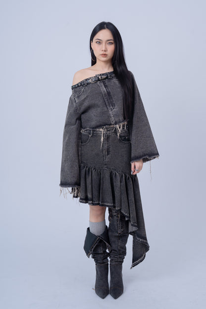 Denim Shirt with Slanted Collar .