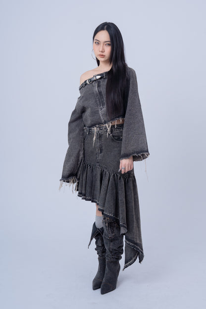 Asymmetrical Denim Skirt .