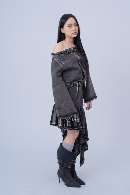 Denim Shirt with Slanted Collar .