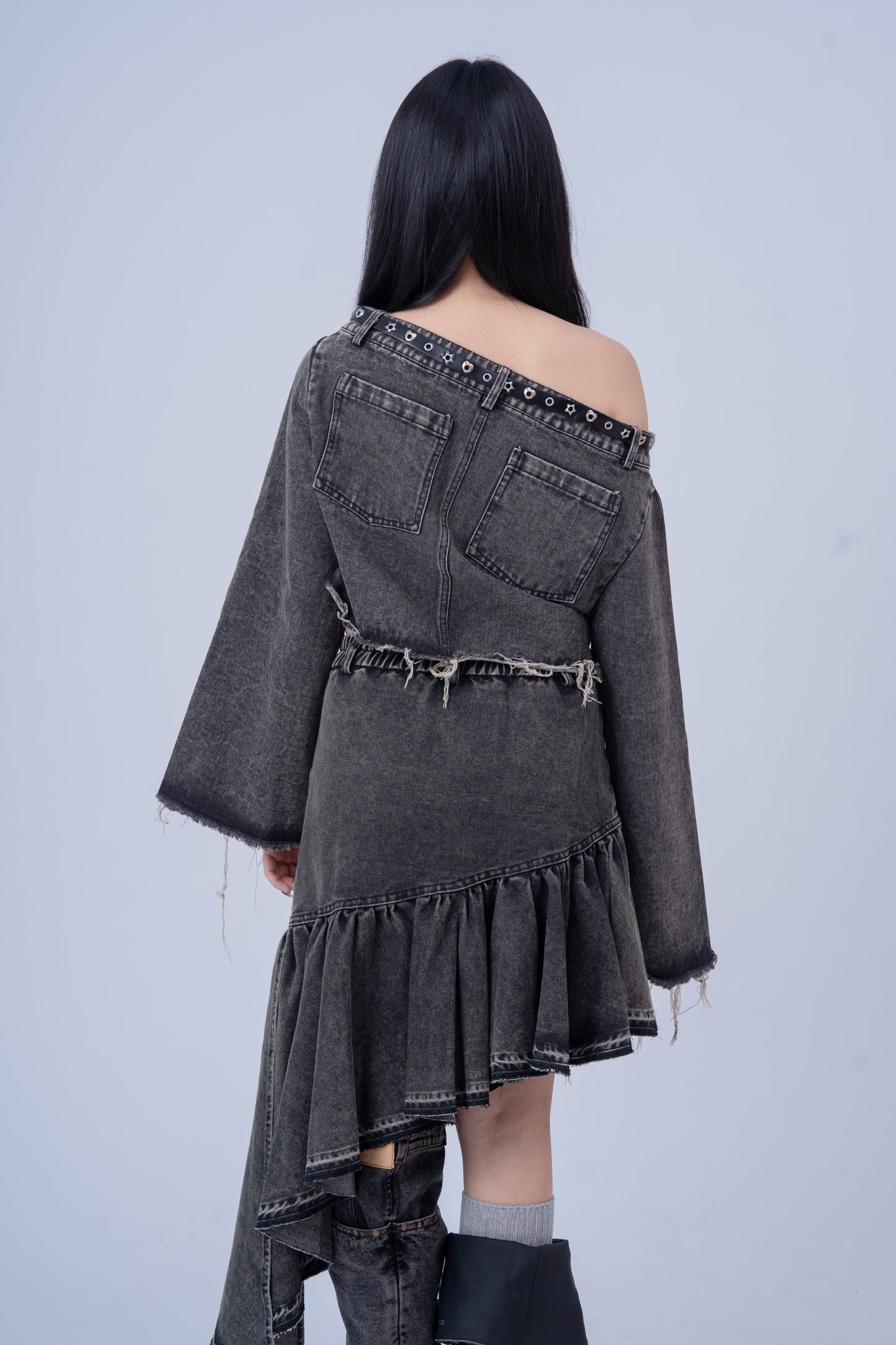 Denim Shirt with Slanted Collar .