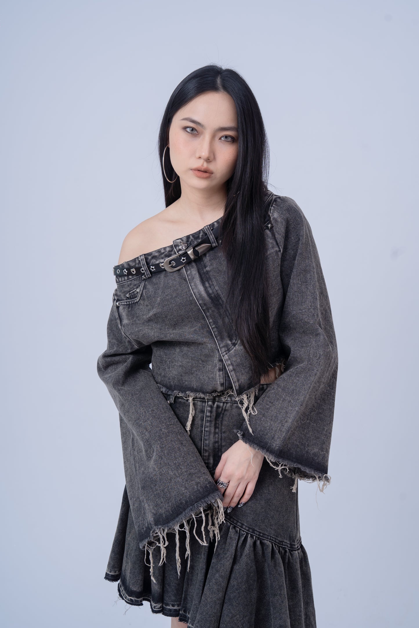 Denim Shirt with Slanted Collar .