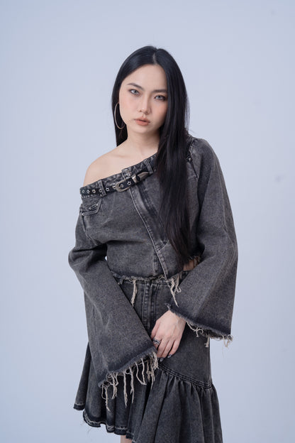 Denim Shirt with Slanted Collar .