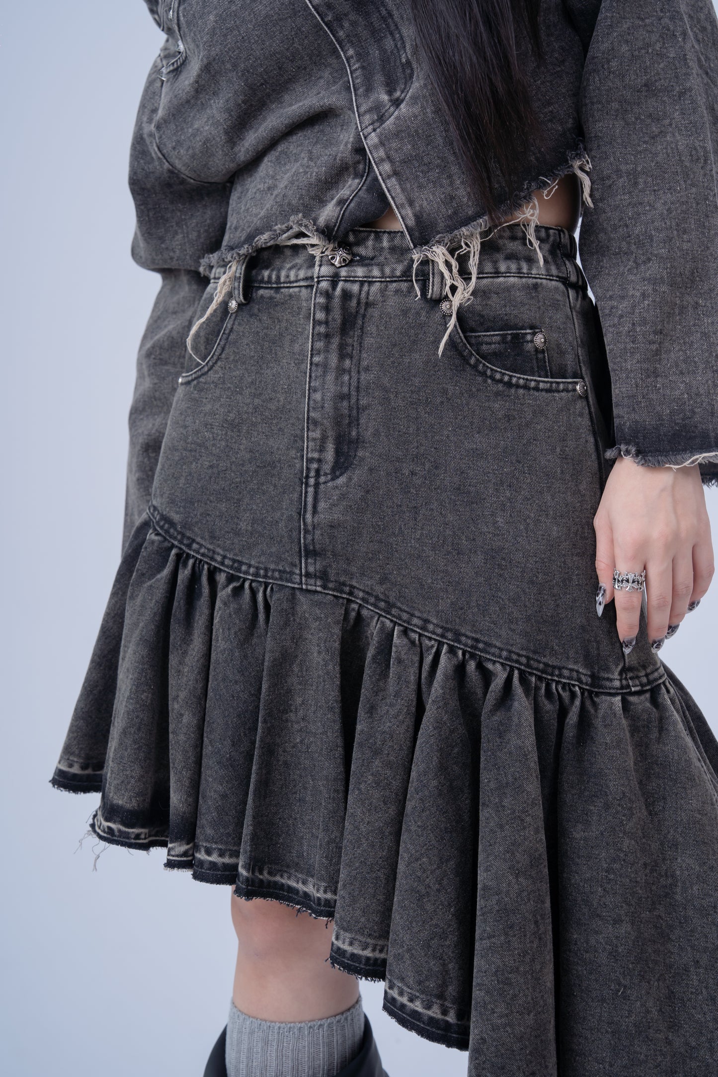 Asymmetrical Denim Skirt .
