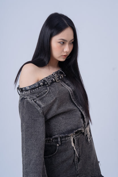 Denim Shirt with Slanted Collar .