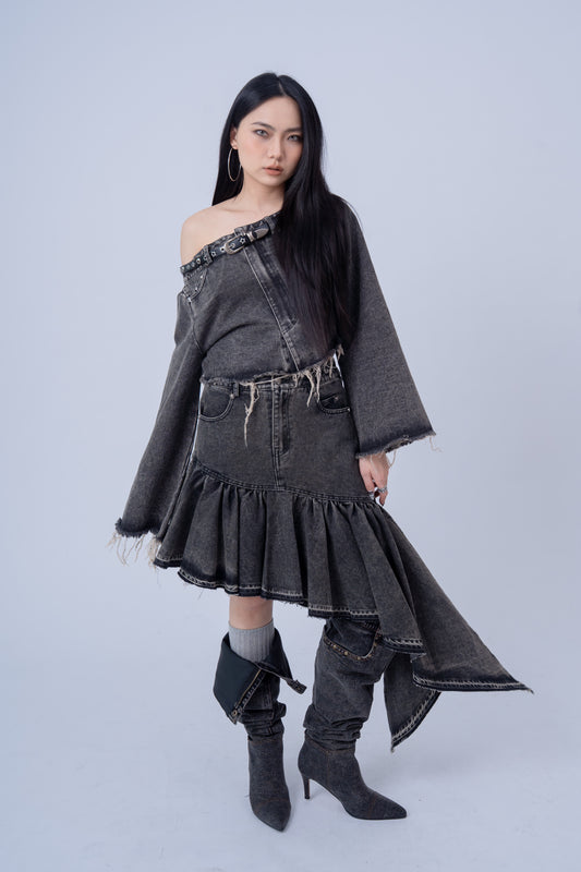 Asymmetrical Denim Skirt .