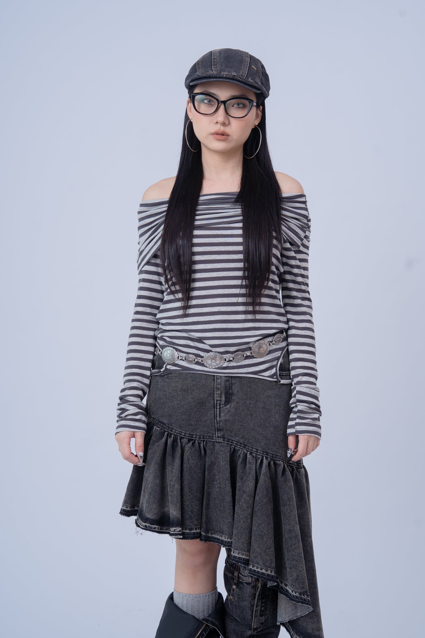 Grey Striped Off Shoulder Long Sleeve Top .