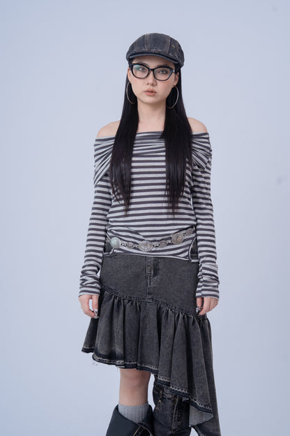 Grey Striped Off Shoulder Long Sleeve Top .