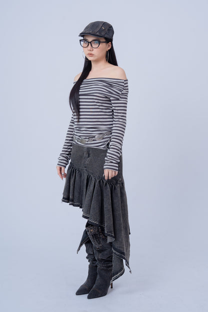 Grey Striped Off Shoulder Long Sleeve Top .