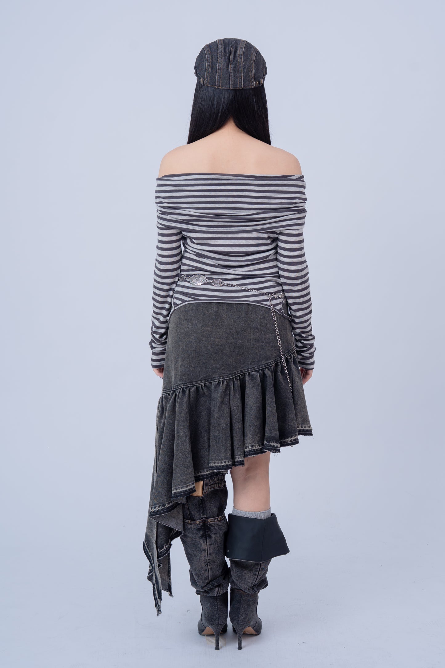 Grey Striped Off Shoulder Long Sleeve Top .