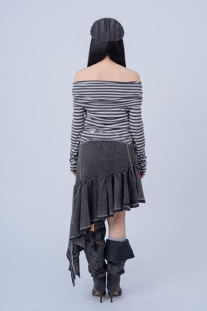 Grey Striped Off Shoulder Long Sleeve Top .