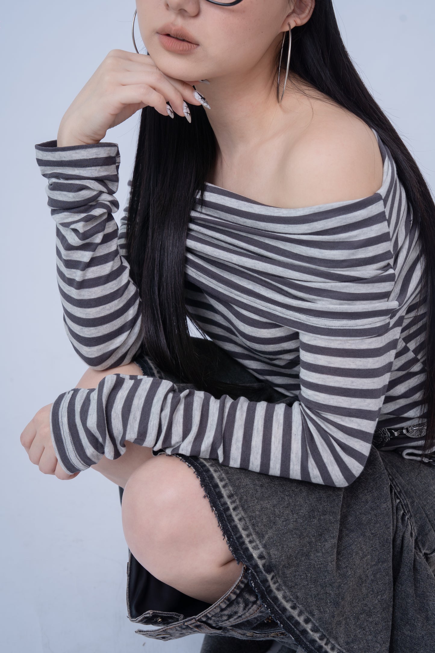 Grey Striped Off Shoulder Long Sleeve Top .