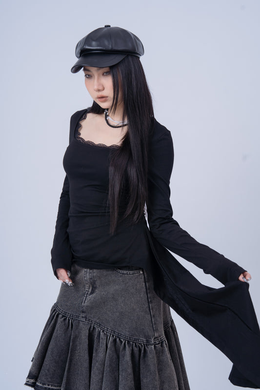 Asymmetric Long Sleeve Top with Lace Pattern .