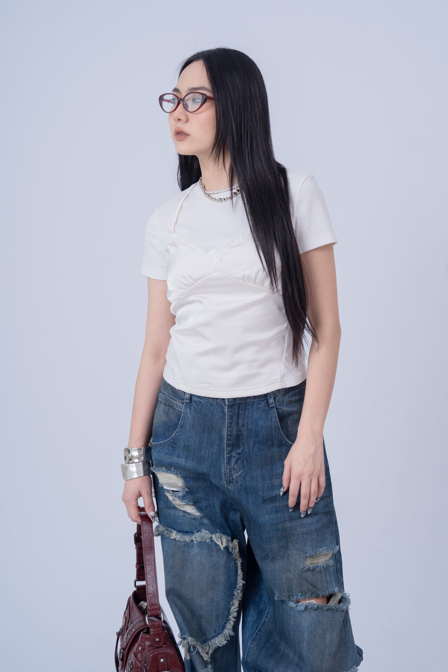 Lace Faux Two-Pieces Top .