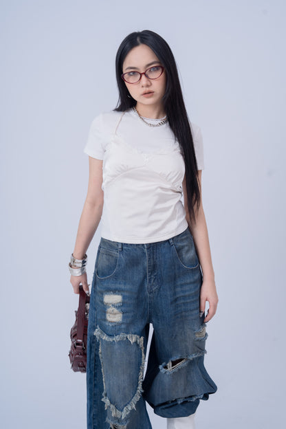 Lace Faux Two-Pieces Top .