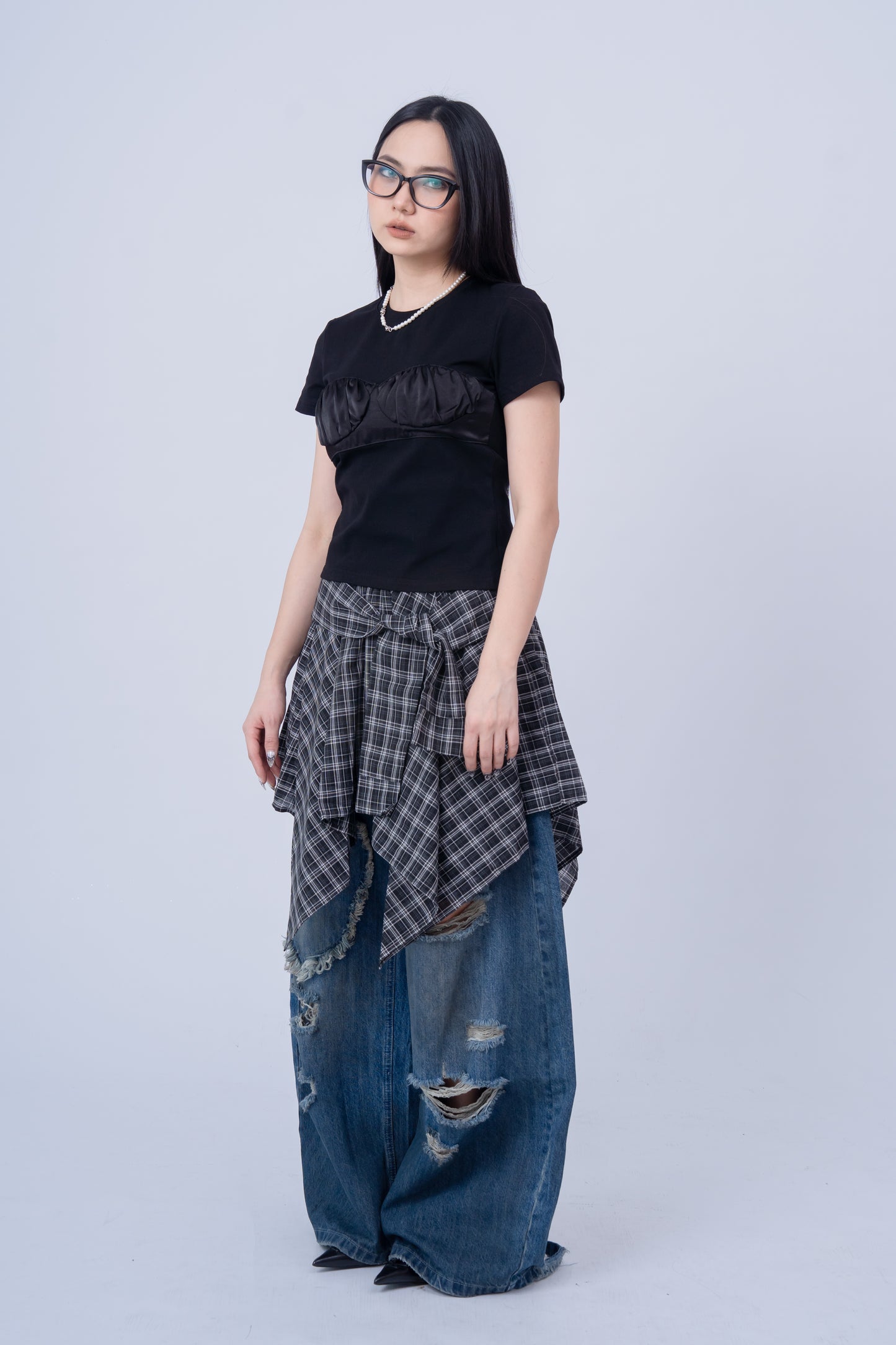 Pleated Acetate Short Sleeve Top .