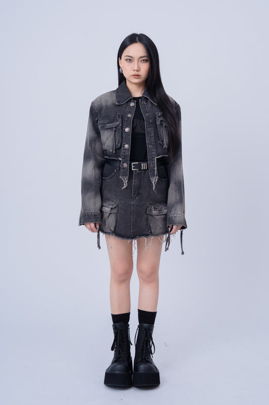 Washed Denim Skirt with Multi Pockets .