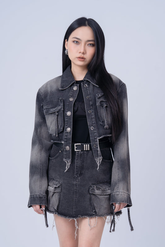 Washed Denim Jacket with Multi Pockets .