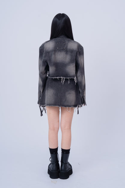 Washed Denim Skirt with Multi Pockets .