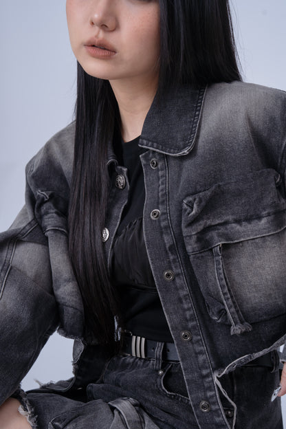 Washed Denim Jacket with Multi Pockets .