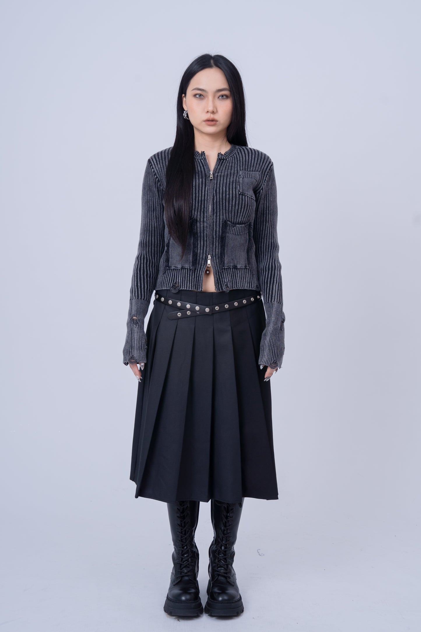 Distressed Zip Up Knit Cardigan .