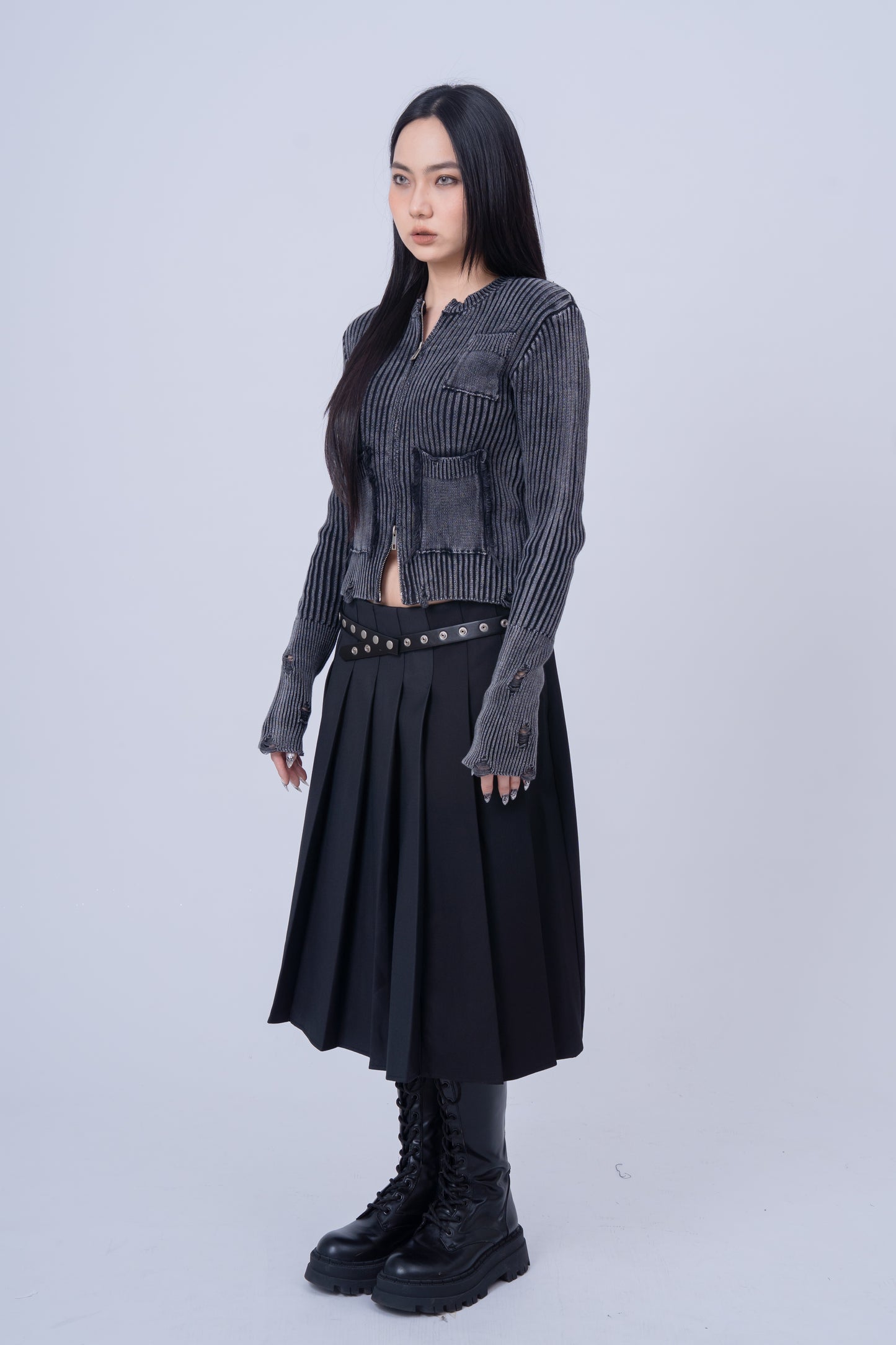 Distressed Zip Up Knit Cardigan .