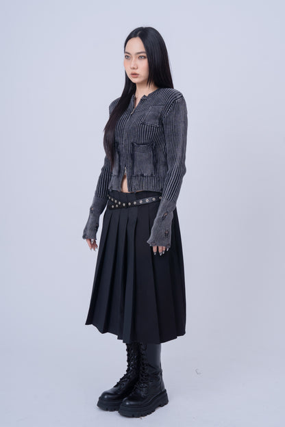 Distressed Zip Up Knit Cardigan .