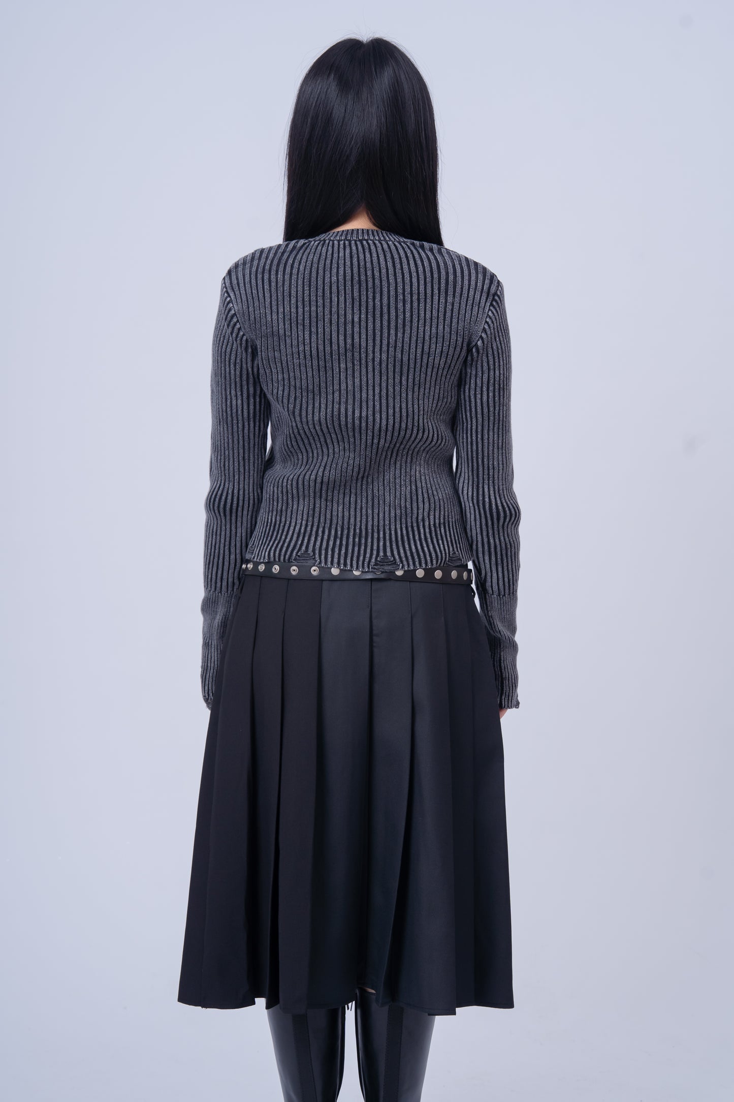 Distressed Zip Up Knit Cardigan .