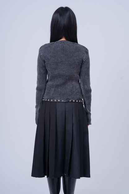 Distressed Zip Up Knit Cardigan .