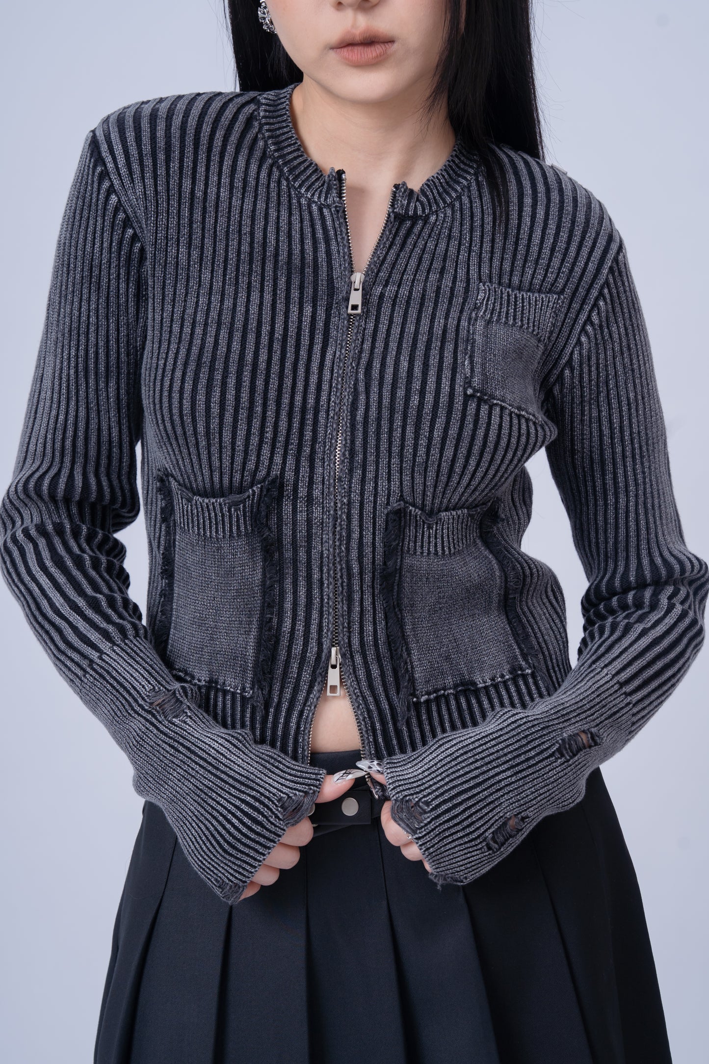 Distressed Zip Up Knit Cardigan .