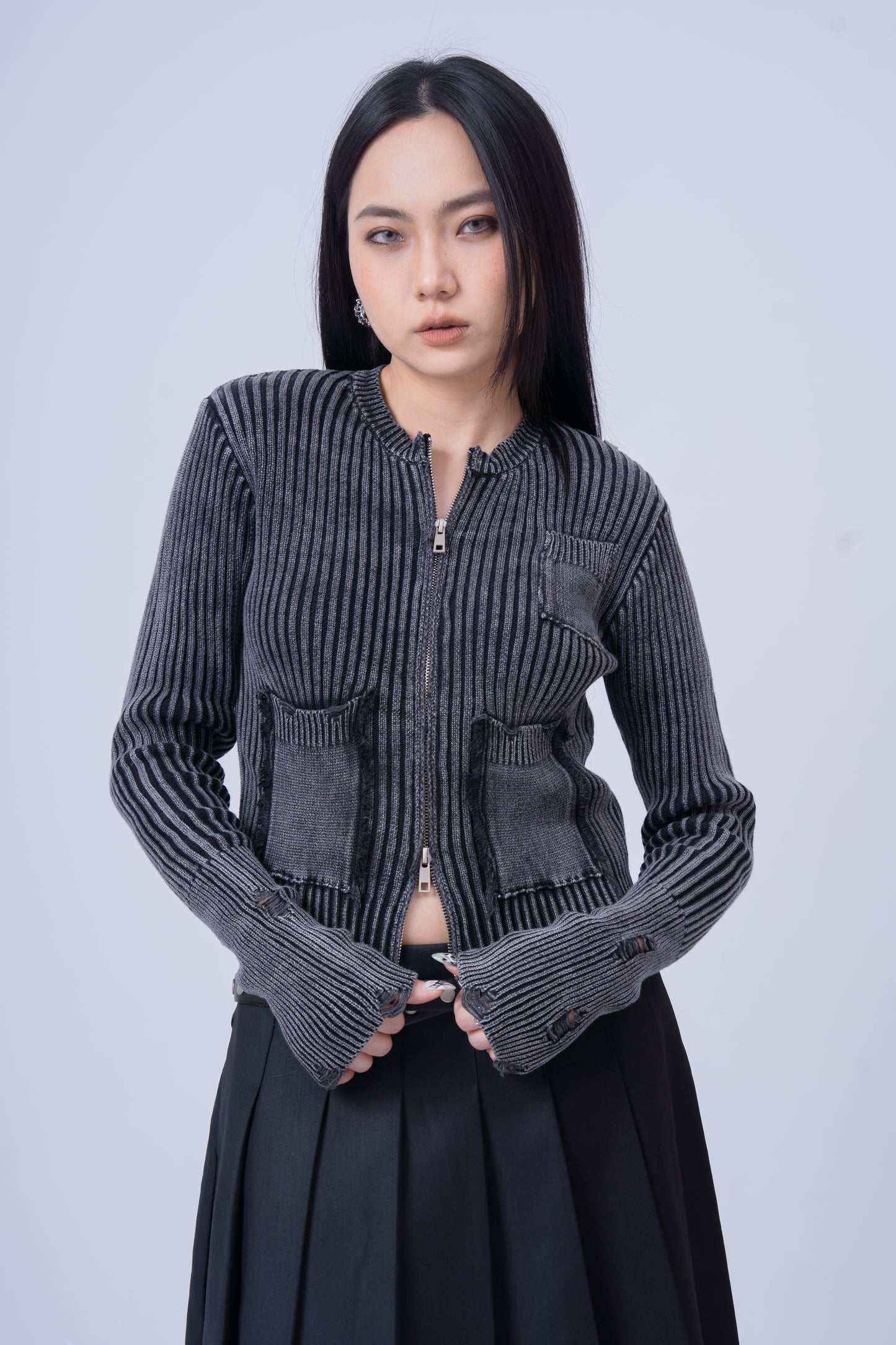 Distressed Zip Up Knit Cardigan .