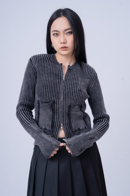 Distressed Zip Up Knit Cardigan .